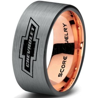 Silver Tungsten Ring with Flat Edge Brushed Finish 8mm Tungsten Wedding Band Chevy Bowtie Ring Chevrolet Ring Chevy Ring
