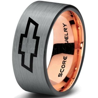 Silver Tungsten Ring with Flat Edge Brushed Finish 8mm Tungsten Wedding Band Chevy Bowtie Ring Chevrolet Ring Chevy Ring