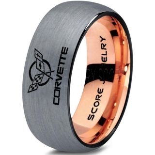 Silver Tungsten Ring with Domed Edge Brushed Finish 8mm Tungsten Wedding Band Corvette Ring Chevrolet Ring Chevy Ring