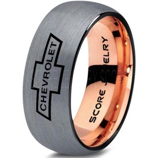 Silver Tungsten Ring with Domed Edge Brushed Finish 8mm Tungsten Wedding Band Chevy Bowtie Ring Chevrolet Ring Chevy Ring
