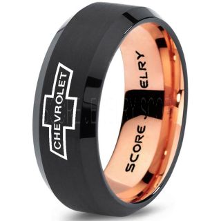 Black Tungsten Ring with Beveled Edge Polished Finish 8mm Tungsten Wedding Band Chevy Bowtie Ring Chevrolet Ring Chevy Ring