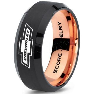 Black Tungsten Ring with Beveled Edge Polished Finish 8mm Tungsten Wedding Band Chevy Bowtie Ring Chevrolet Ring Chevy Ring