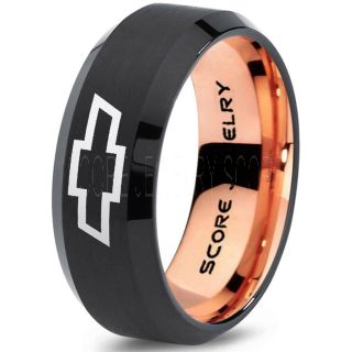 Black Tungsten Ring with Beveled Edge Polished Finish 8mm Tungsten Wedding Band Chevy Bowtie Ring Chevrolet Ring Chevy Ring