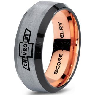 Silver Tungsten Ring with Beveled Edge Polished Finish 8mm Tungsten Wedding Band Chevy Bowtie Ring Chevrolet Ring Chevy Ring