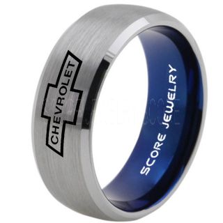 Silver Tungsten Ring with Domed Edge Brushed Finish 8mm Tungsten Wedding Band Chevy Bowtie Ring Chevrolet Ring Chevy Ring