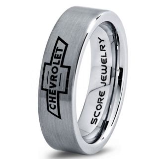 Silver Tungsten Ring with Flat Edge Brushed Finish 6mm Tungsten Wedding Band Chevy Bowtie Ring Chevrolet Ring Chevy Ring