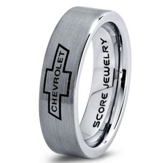 Silver Tungsten Ring with Flat Edge Brushed Finish 6mm Tungsten Wedding Band Chevy Bowtie Ring Chevrolet Ring Chevy Ring