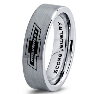 Silver Tungsten Ring with Flat Edge Brushed Finish 6mm Tungsten Wedding Band Chevy Bowtie Ring Chevrolet Ring Chevy Ring