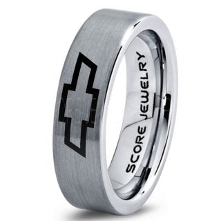 Silver Tungsten Ring with Flat Edge Brushed Finish 6mm Tungsten Wedding Band Chevy Bowtie Ring Chevrolet Ring Chevy Ring