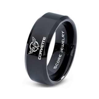 Black Tungsten Ring with Beveled Edge Polished Finish 8mm Tungsten Wedding Band Corvette Ring Chevrolet Ring Chevy Ring