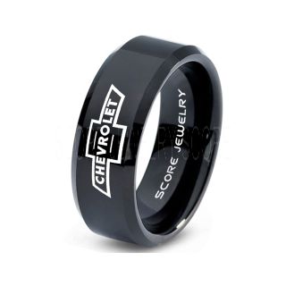 Black Tungsten Ring with Beveled Edge Polished Finish 8mm Tungsten Wedding Band Chevy Bowtie Ring Chevrolet Ring Chevy Ring