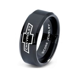 Black Tungsten Ring with Beveled Edge Polished Finish 8mm Tungsten Wedding Band Chevy Bowtie Ring Chevrolet Ring Chevy Ring