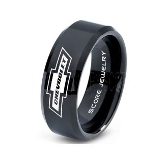 Black Tungsten Ring with Beveled Edge Polished Finish 8mm Tungsten Wedding Band Chevy Bowtie Ring Chevrolet Ring Chevy Ring