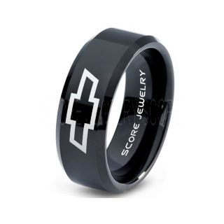 Black Tungsten Ring with Beveled Edge Polished Finish 8mm Tungsten Wedding Band Chevy Bowtie Ring Chevrolet Ring Chevy Ring