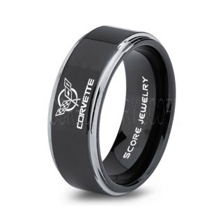 Black Tungsten Ring with Step Edge Polished Finish 8mm Tungsten Wedding Band Corvette Ring Chevrolet Ring Chevy Ring