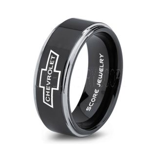 Black Tungsten Ring with Step Edge Polished Finish 8mm Tungsten Wedding Band Chevy Bowtie Ring Chevrolet Ring Chevy Ring