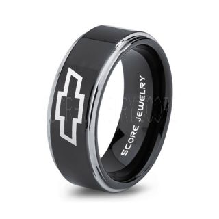 Black Tungsten Ring with Step Edge Polished Finish 8mm Tungsten Wedding Band Chevy Bowtie Ring Chevrolet Ring Chevy Ring