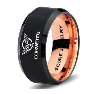 Black Tungsten Ring with Beveled Edge Polished Finish 10mm Tungsten Wedding Band Corvette Ring Chevrolet Ring Chevy Ring