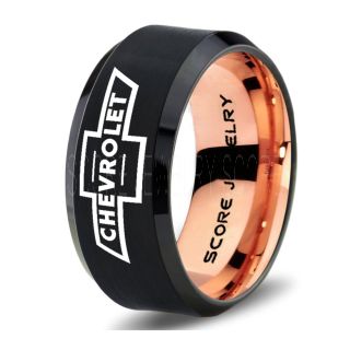 Black Tungsten Ring with Beveled Edge Polished Finish 10mm Tungsten Wedding Band Chevy Bowtie Ring Chevrolet Ring Chevy Ring