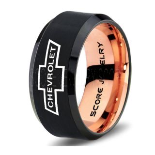 Black Tungsten Ring with Beveled Edge Polished Finish 10mm Tungsten Wedding Band Chevy Bowtie Ring Chevrolet Ring Chevy Ring