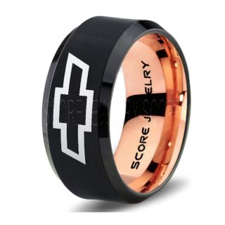 Black Tungsten Ring with Beveled Edge Polished Finish 10mm Tungsten Wedding Band Chevy Bowtie Ring Chevrolet Ring Chevy Ring