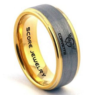 Silver Tungsten Ring with Step Edge Brushed Finish 8mm Tungsten Wedding Band Corvette Ring Chevrolet Ring Chevy Ring