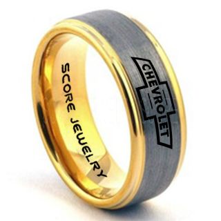 Silver Tungsten Ring with Step Edge Brushed Finish 8mm Tungsten Wedding Band Chevy Bowtie Ring Chevrolet Ring Chevy Ring