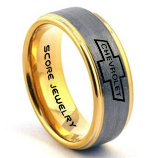 Silver Tungsten Ring with Step Edge Brushed Finish 8mm Tungsten Wedding Band Chevy Bowtie Ring Chevrolet Ring Chevy Ring
