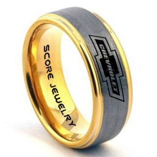 Silver Tungsten Ring with Step Edge Brushed Finish 8mm Tungsten Wedding Band Chevy Bowtie Ring Chevrolet Ring Chevy Ring