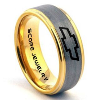 Silver Tungsten Ring with Step Edge Brushed Finish 8mm Tungsten Wedding Band Chevy Bowtie Ring Chevrolet Ring Chevy Ring