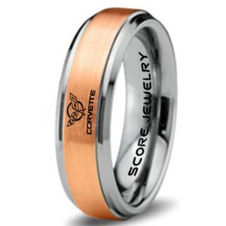 14K Rose Gold Tungsten Ring with Step Edge Brushed Finish 6mm Tungsten Wedding Band Corvette Ring Chevrolet Ring Chevy Ring