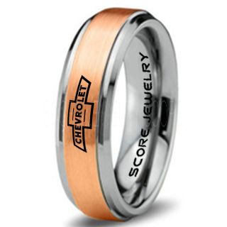 14K Rose Gold Tungsten Ring with Step Edge Brushed Finish 6mm Tungsten Wedding Band Chevy Bowtie Ring Chevrolet Ring Chevy Ring
