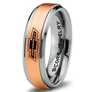 14K Rose Gold Tungsten Ring with Step Edge Brushed Finish 6mm Tungsten Wedding Band Chevy Bowtie Ring Chevrolet Ring Chevy Ring
