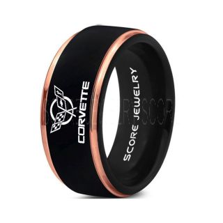 Black Tungsten Ring with 14K Rose Gold Step Edge Polished Finish 8mm Tungsten Wedding Band Corvette Ring Chevrolet Ring Chevy Ring