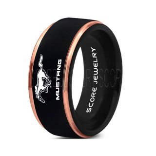 Black Tungsten Ring with 14K Rose Gold Step Edge Polished Finish 8mm Tungsten Wedding Band Mustang Ring Ford Mustang Ring Ford Ring