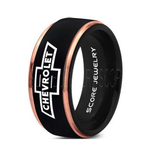 Black Tungsten Ring with 14K Rose Gold Step Edge Polished Finish 8mm Tungsten Wedding Band Chevy Bowtie Ring Chevrolet Ring Chevy Ring