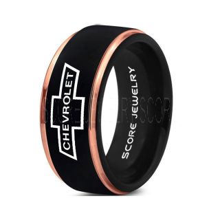 Black Tungsten Ring with 14K Rose Gold Step Edge Polished Finish 8mm Tungsten Wedding Band Chevy Bowtie Ring Chevrolet Ring Chevy Ring