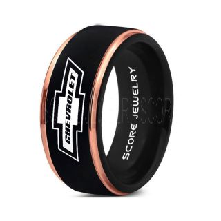 Black Tungsten Ring with 14K Rose Gold Step Edge Polished Finish 8mm Tungsten Wedding Band Chevy Bowtie Ring Chevrolet Ring Chevy Ring