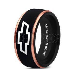 Black Tungsten Ring with 14K Rose Gold Step Edge Polished Finish 8mm Tungsten Wedding Band Chevy Bowtie Ring Chevrolet Ring Chevy Ring
