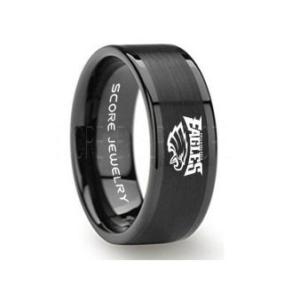 8mm Black Tungsten Band with Flat Edge and Brushed Finish NFL Football Philadelphia Eagles Logo Laser Engraved Ring
