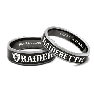 Oakland Raiders Rings 2 Piece Couple Set Black Tungsten Bands with Beveled Edge 8mm and 6mm Black Tungsten Rings