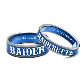 2 Piece Couple Set Blue Tungsten Bands with Beveled Edge 8mm and 6mm Blue Tungsten Rings, Raider Raiderette Tungsten Nickname Rings