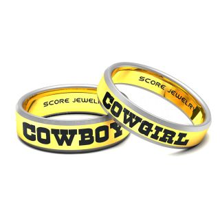 Cowboy Ring Cowgirl Ring 2 Piece Couple Set 14K Yellow Gold Tungsten Bands with Beveled Edge 8mm and 6mm Yellow Gold Tungsten Rings