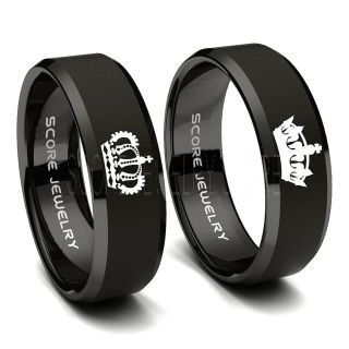 2 Piece Couple Set Black Tungsten Rings with Beveled Edge King Crown Queen Crown 8mm & 6mm Tungsten Wedding Bands