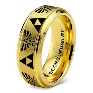 Legend of Zelda Ring, Zelda Triforce Ring, 14K Yellow Gold Zelda Wedding Ring, Yellow Gold Tungsten Zelda Wedding Band, Yellow Gold Tungsten Ring, Yellow Gold Wedding Band, Gamer Ring