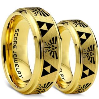 Zelda Ring, Gamer Ring, 2 Piece Couple Set Legend of Zelda Rings, Zelda Wedding Rings, Zelda Wedding Bands, 14K Yellow Gold Tungsten Rings, Yellow Gold Wedding Bands
