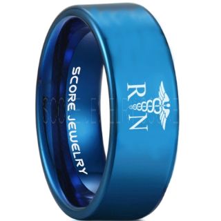 Nurse Ring, Registered Nurse Ring, RN Nurse Wedding Band, Career Ring, RN Nurse Jewelry, Nurse Blue Tungsten Ring, Blue Wedding Band, Blue Tungsten Wedding Band