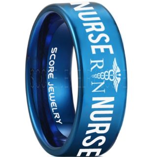 Nurse Ring, Registered Nurse Ring, RN Nurse Wedding Band, Career Ring, RN Nurse Jewelry, Nurse Blue Tungsten Ring, Blue Wedding Band, Blue Tungsten Wedding Band