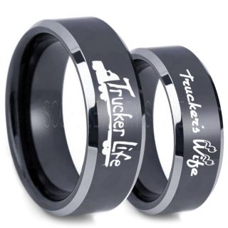 Truck Driver Ring, Trucker's Wife Ring, 2 Piece Couple Set Trucker Ring, Truck Life Ring, Trucker Life Ring, Black Tungsten Ring, Trucker Jewelry, Truck Driver Wedding Band, Black Tungsten Band, Black Wedding Ring