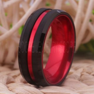 Classic 8mm Black Tungsten Ring with Beveled Edge Red Groove and  Red Interior, Black Wedding Band, Black Wedding Ring, Black Tungsten Wedding Ring